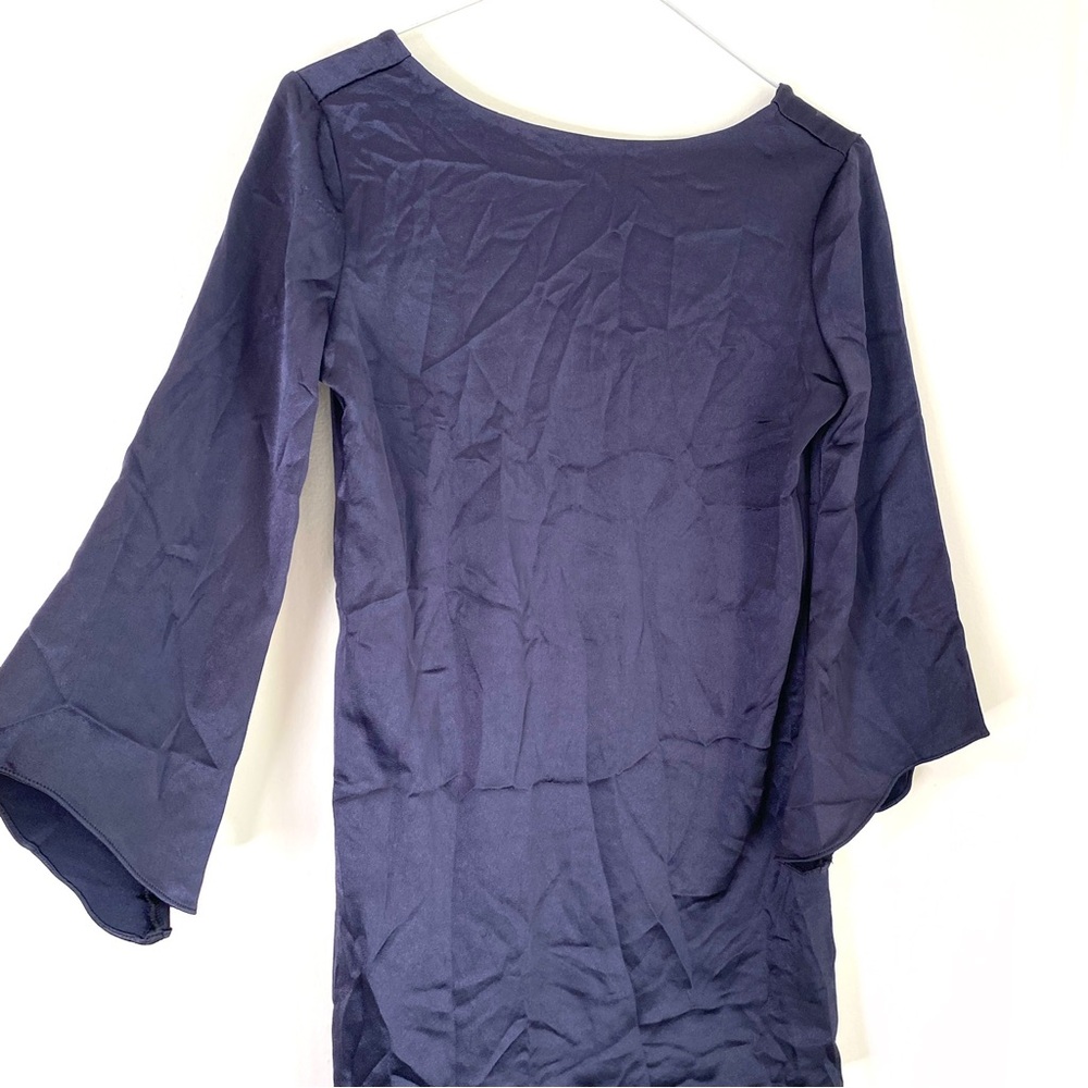 Diane Von Furstenberg Satin Low Back Blouse Midnight Blue Long Sleeve DVF